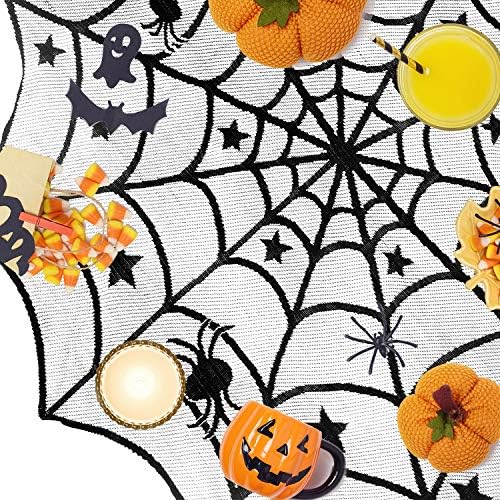 Jovitec Round Lace Table Topper Black Spider Tablecloth and Fireplace Spider Decorations Lace Spiderweb Mantle Scarf Cover for Halloween Window, Dinner Party, Festival Party, Scary Movie Nights