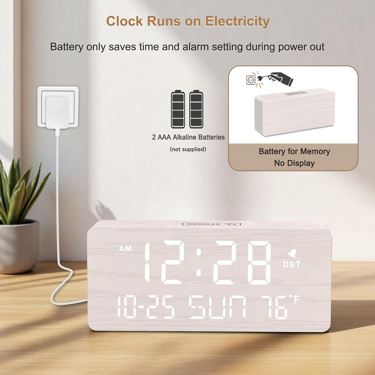 DreamSky Wooden Digital Alarm Clocks for Bedrooms with Date & Day of Week | Living Room Desk Clock, Temperature, USB