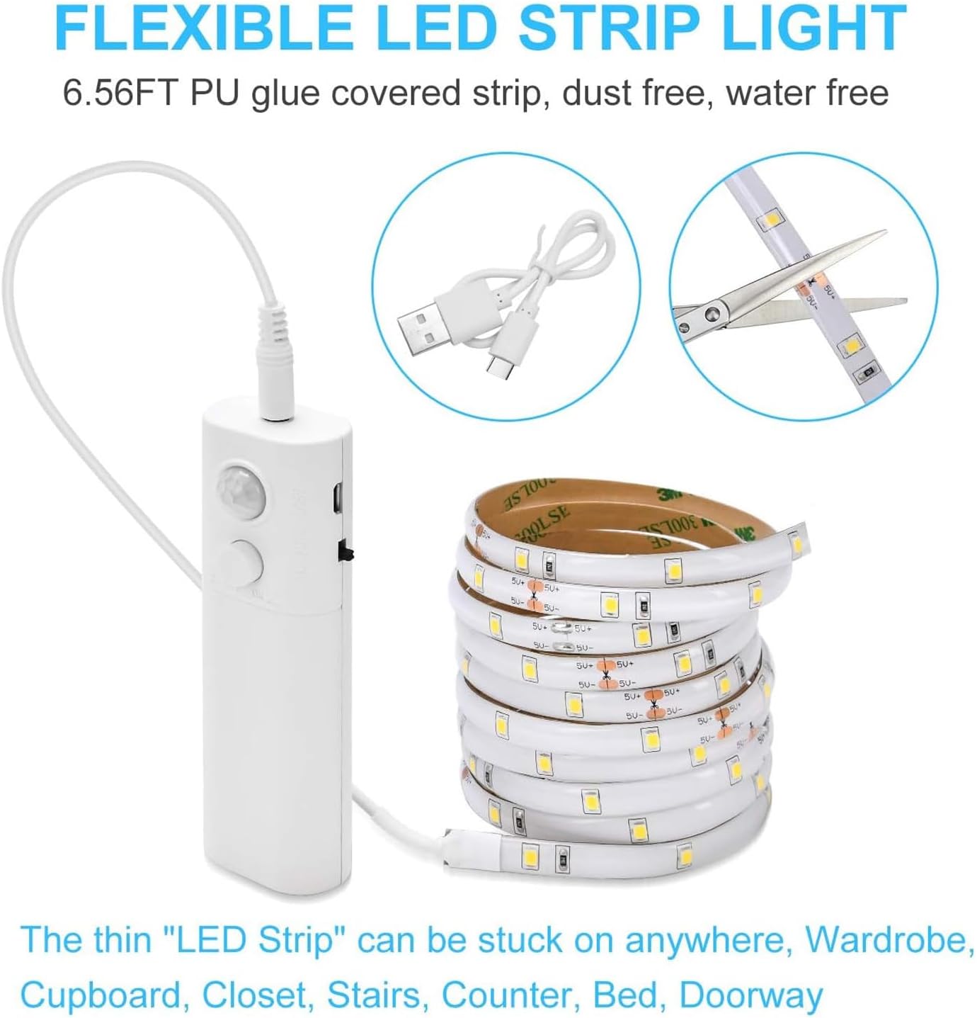 Rechargeable Motion Sensor LED Strip for Cabinet (2Pack-6.6FT, Cool White) | Motion Activated, 1500mAh Battery
