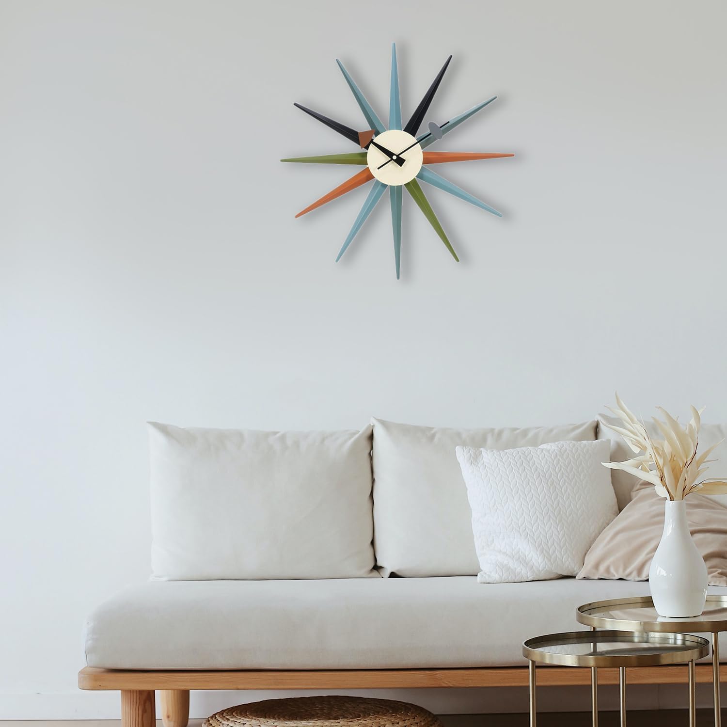 Large Sunburst Wall Clock 18 Inch, Mid Century Modern | Battery Operated, Silent Non-Ticking Quartz, Multicolor Solid