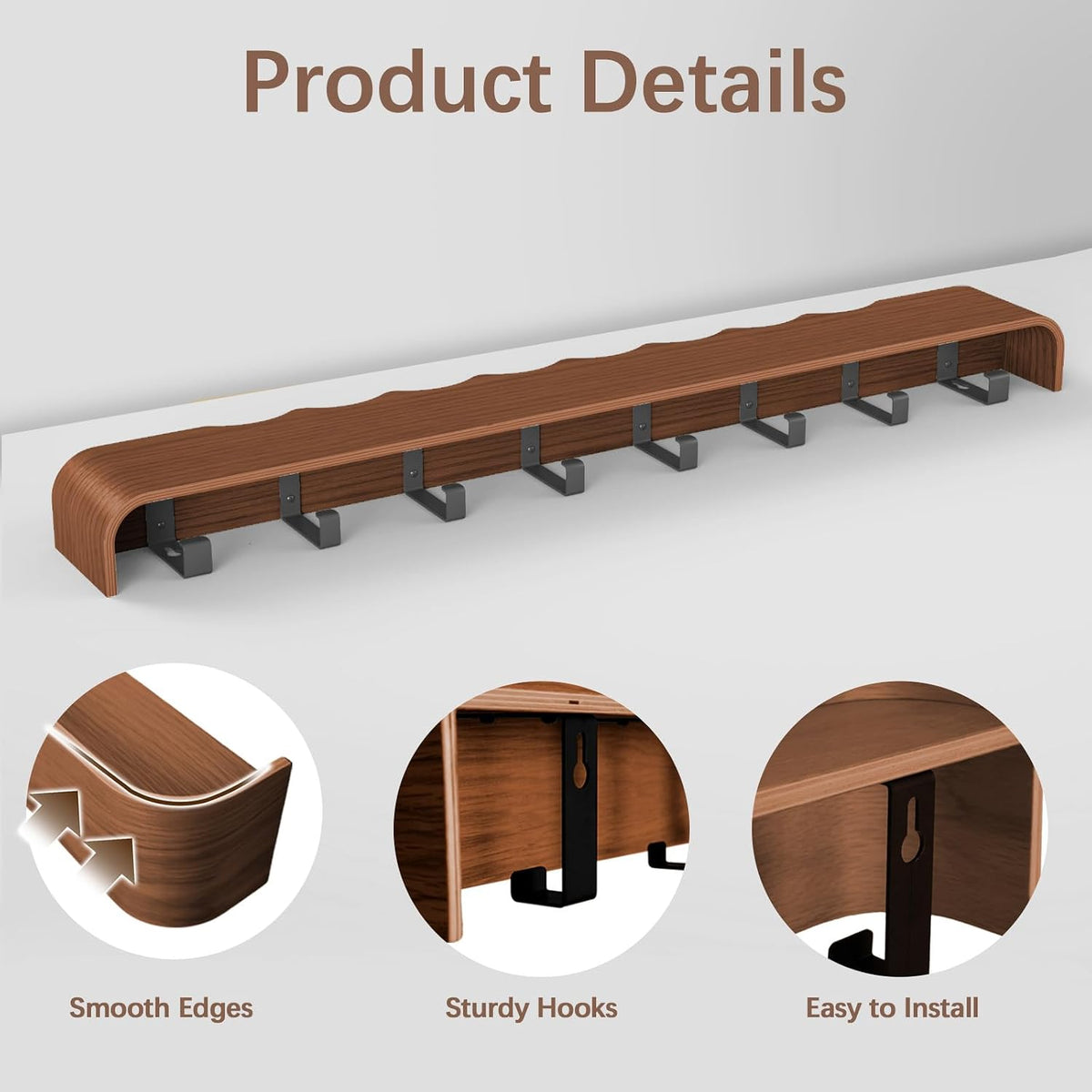 Coat Rack Wall Mount with Hidden Hooks, Wall Hooks with Shelf, Wall Key Holder Mount Wooden Shelf Entryway Hooks for
