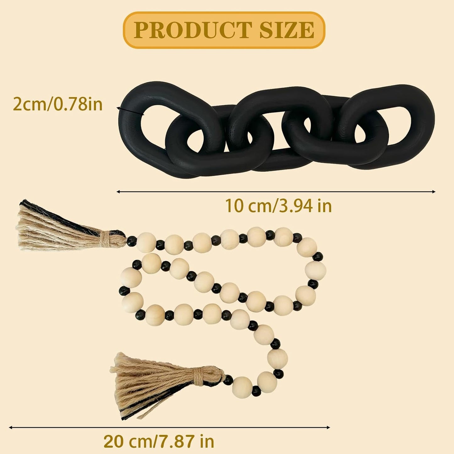 Decorative 5 Link Wooden Chain Decor and Bead Boho Farmhouse Rustic Home Table / Black / Set of 2