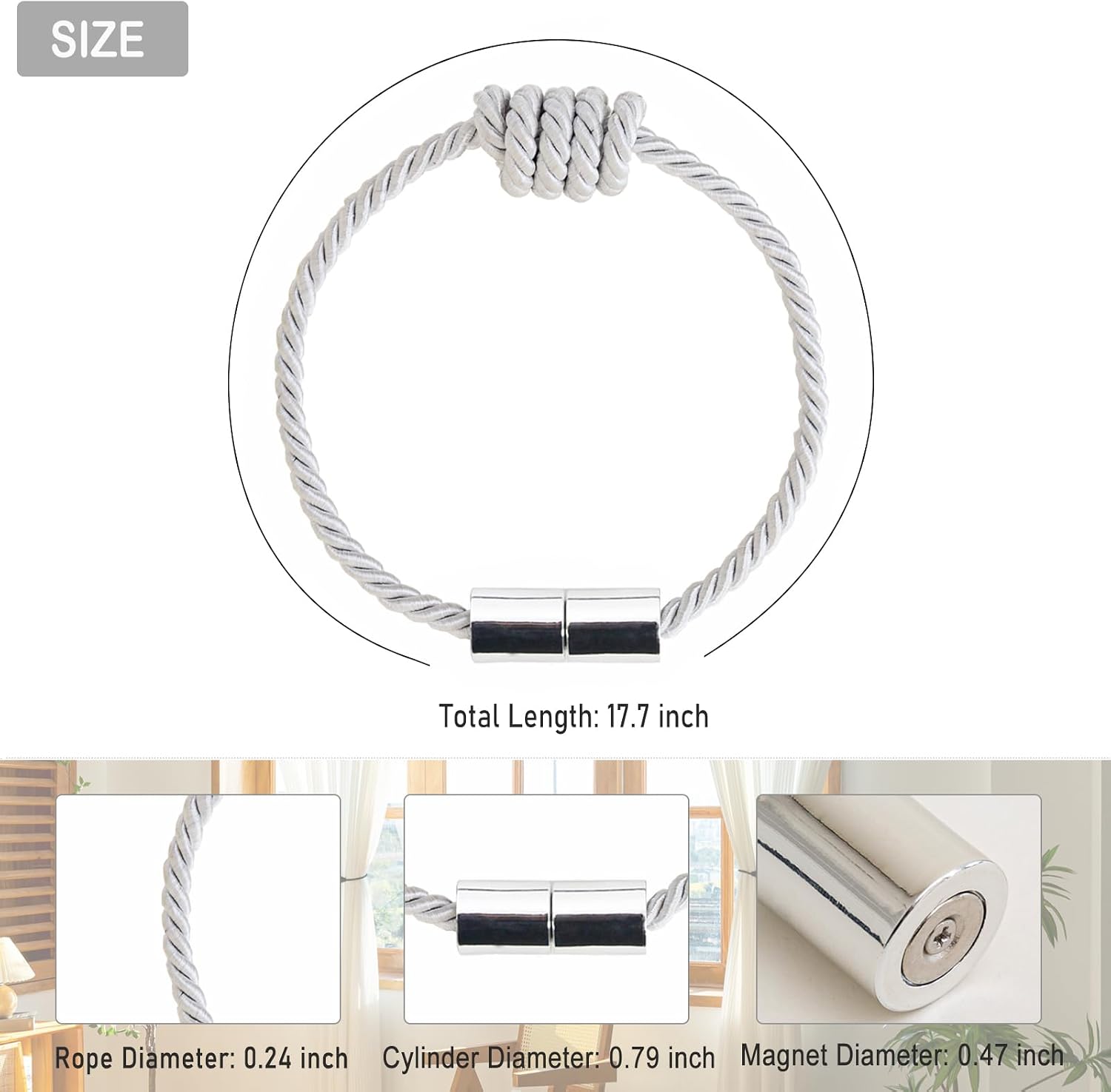 Curtain Tiebacks Magnetic Decorative Rope Tie Backs Holdbacks Contoeey | 8 Pack White Modern Elegant Window Treatment