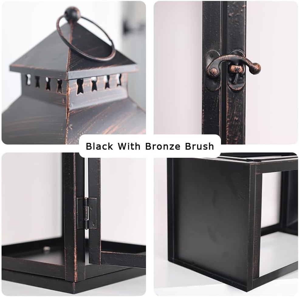 LED Lanterns Decorative Outdoor&Indoor, Set of 2 (17’’&11’’) Large Black Metal Lantern Decor with bronze brush, Candle