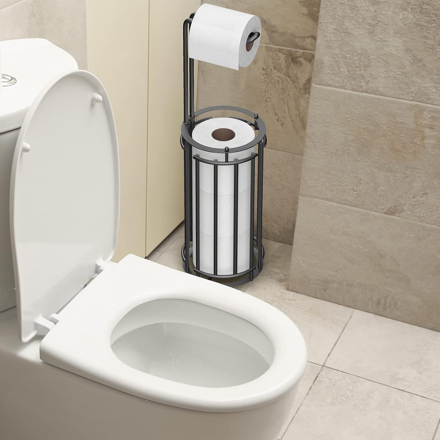 Meangood Toilet Paper Holder Stand and Tissue Paper Roll Dispenser for 4 Mega Rolls, Bathroom Free Standing Tissue Roll