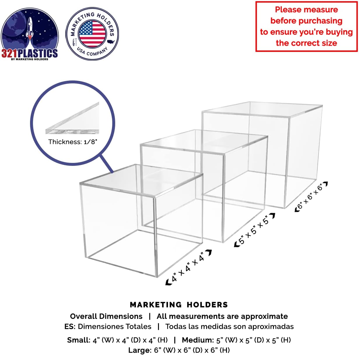 Marketing Holders Acrylic Display Riser Box Clear 4" 5" 6" Set One Open Side No Lid Merchandise Storage Caddys or Bins