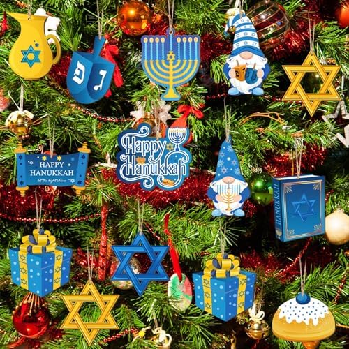 Qunclay 36 Pcs Hanukkah Ornaments Chanukah Wooden Hanging Ornament Star of David Menorah Gnome Happy Hanukkah Wood Pendant Blue Yellow Jewish Home Decorations for Christmas Tree Party Decor
