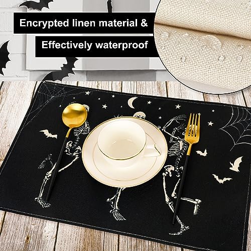 AnyDesign Halloween Dancing Skeletons Placemat - Table Mat Set of 4, Black & White Patterns, Non-Slip & Heat Resistant, 12 x 18 Inch