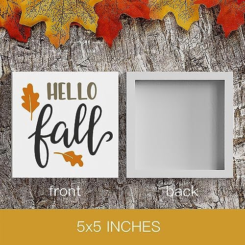 Fall Wooden Box Sign for Tiered Tray, 5.1 X 5.1 Inch Pumpkin Autumn Wood Sign for Home Living Room Harvest Day Thanksgiving Tabletop Decor - Hello Fall