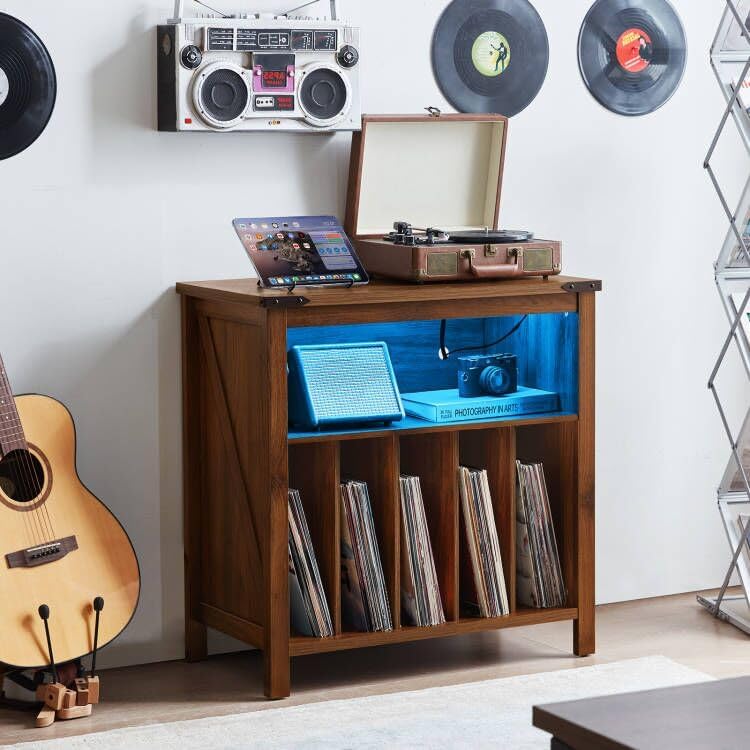 Joaxswe Large Record Player Stand with Charging Station & LED Lights, Vinyl Records Storage Holder Cabinet Holds up to