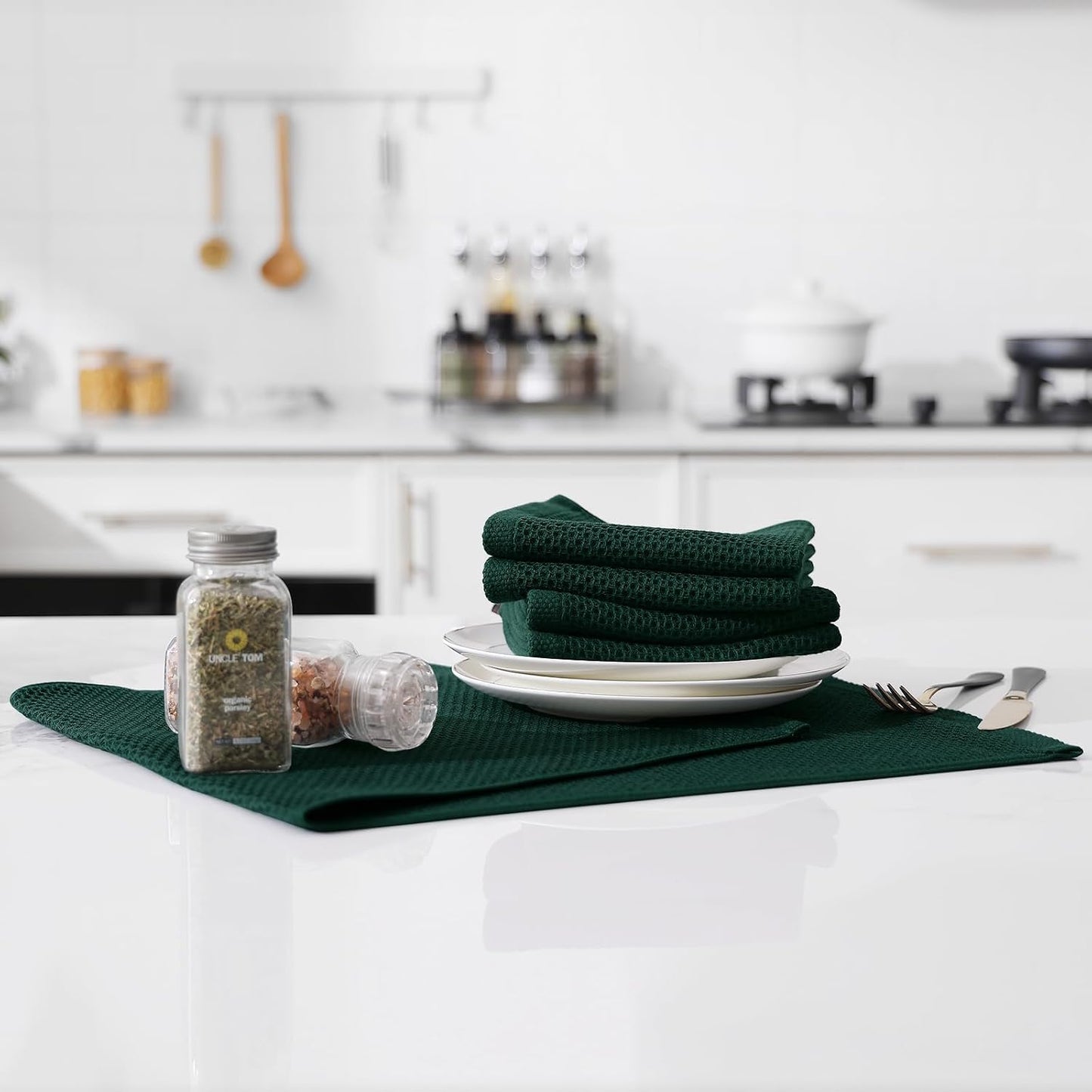 Kitinjoy Cotton Waffle 8-Pack Kitchen Towels, 13" x 28", Blackish Green | Super Soft, Ultra-Absorbent, Fast Drying