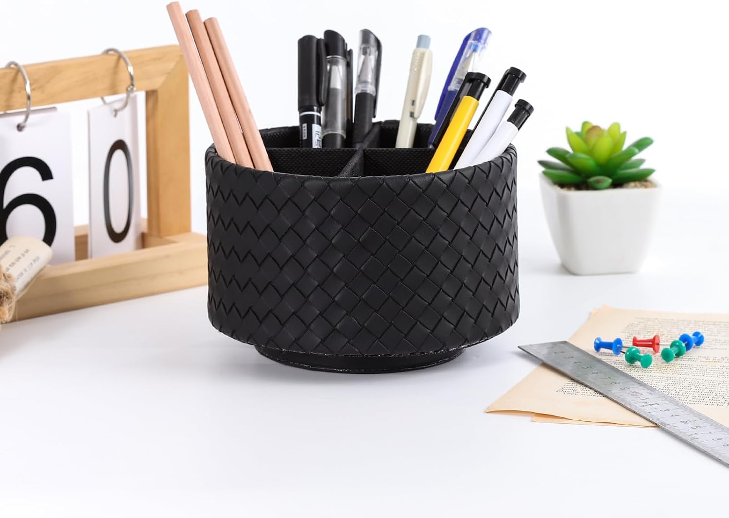 PU Leather 360 Degree Rotating Remote Control Holder / Black Small Grid