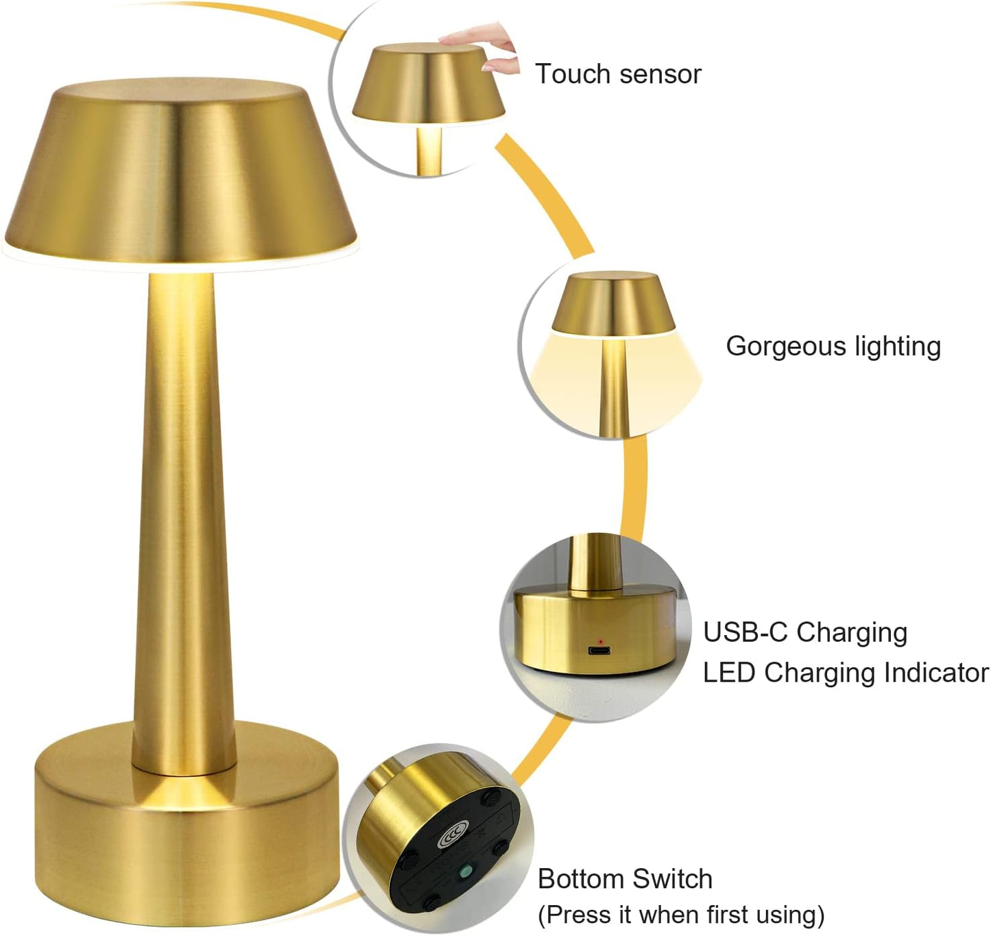 UMEXUS 8.8'' Small Cordless Batttery Operated Table Lamp for Restaurant Bar | Rechargeable 3-Way Stepless Dimmable