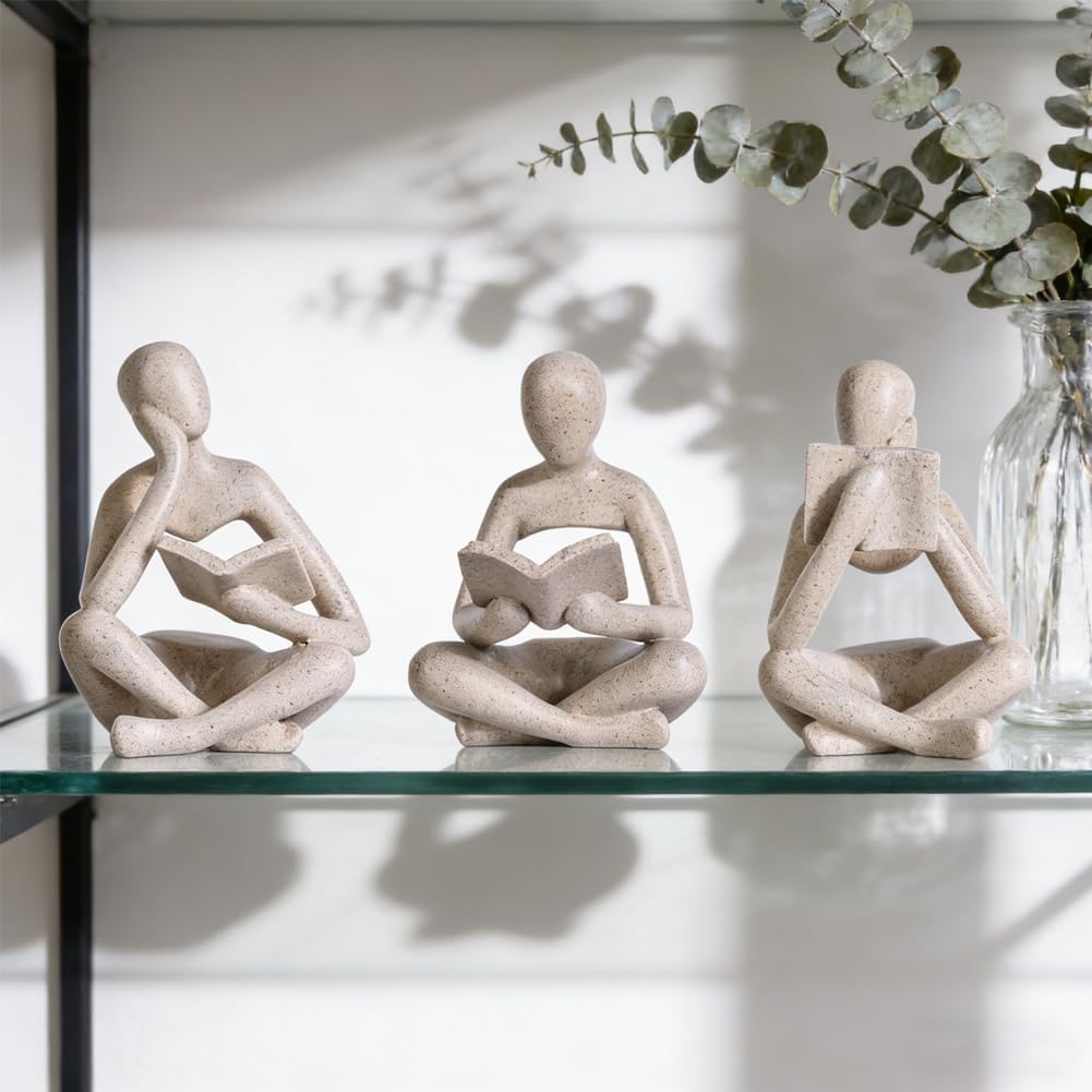 Thinker Statue / Matte Sandstone Resin Reading Figurines / Sandstone Color / Set of 3