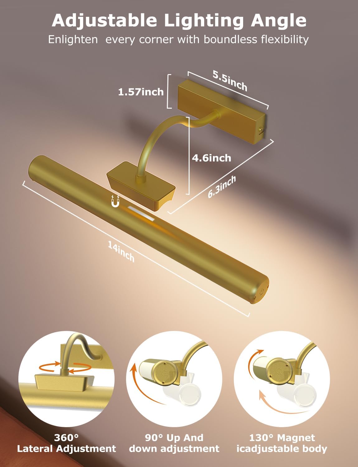 13" Wireless Picture Lights for Wall, Rechargeable Art Light, 2Pack Gold | Aluminum Photo Frame Light, Remote & Touch