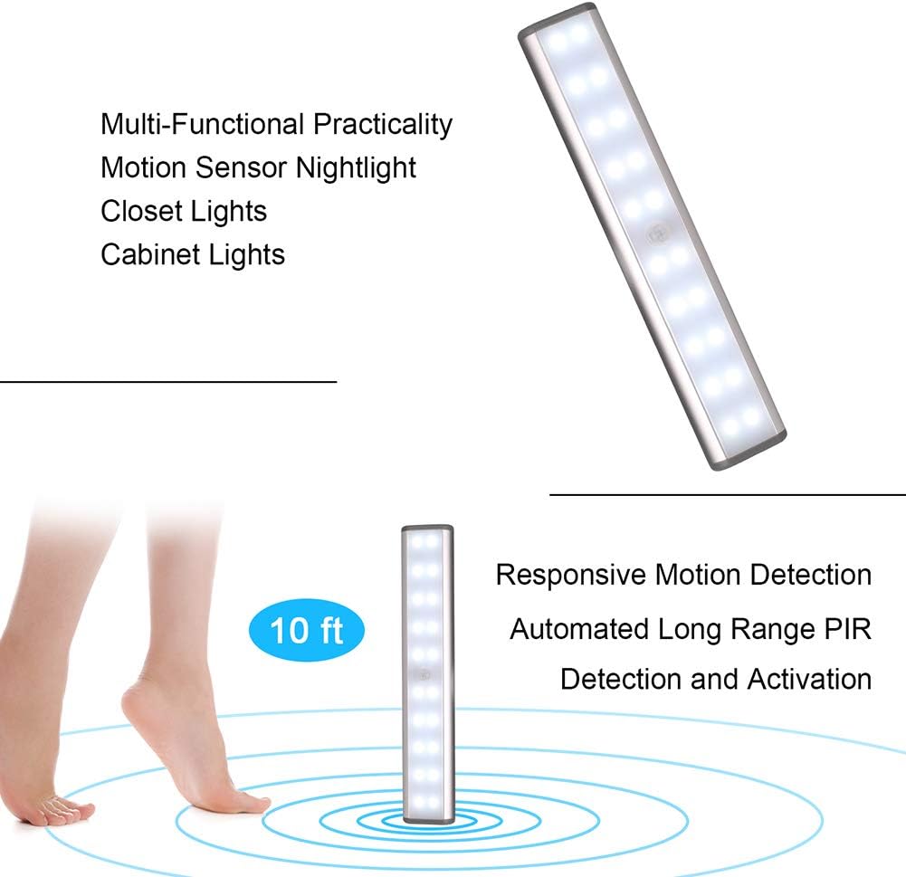 RXWLKJ Rechargeable Motion Sensor Led Lights Under Counter Closet Lighting Battery Operated Light Kitchen 20-Led Under