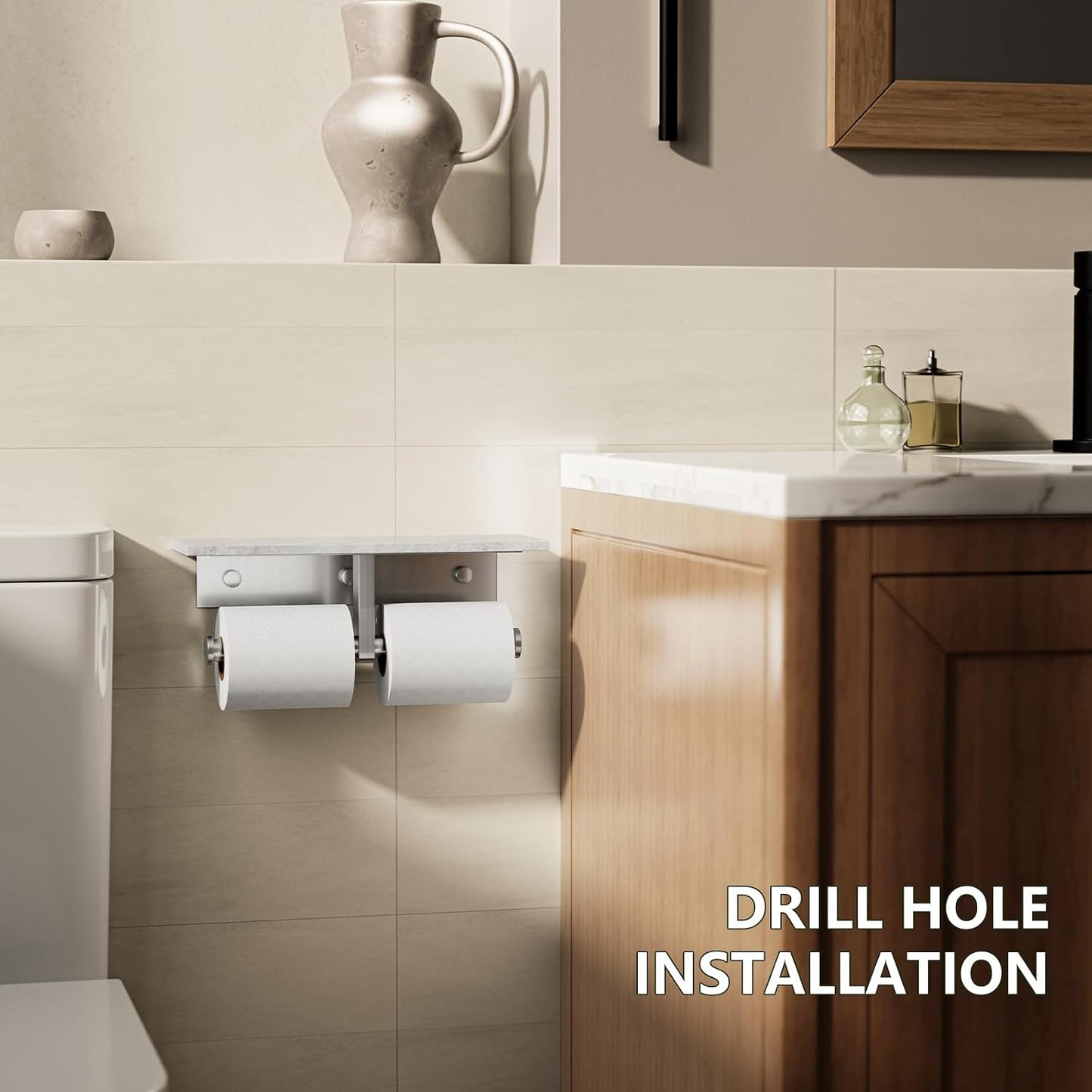 Marble Toilet Paper Holder with Shelf Doulble Bathroom Tissue Roll Holder | Brushed Nickel 304 Stainless Steel Toilet