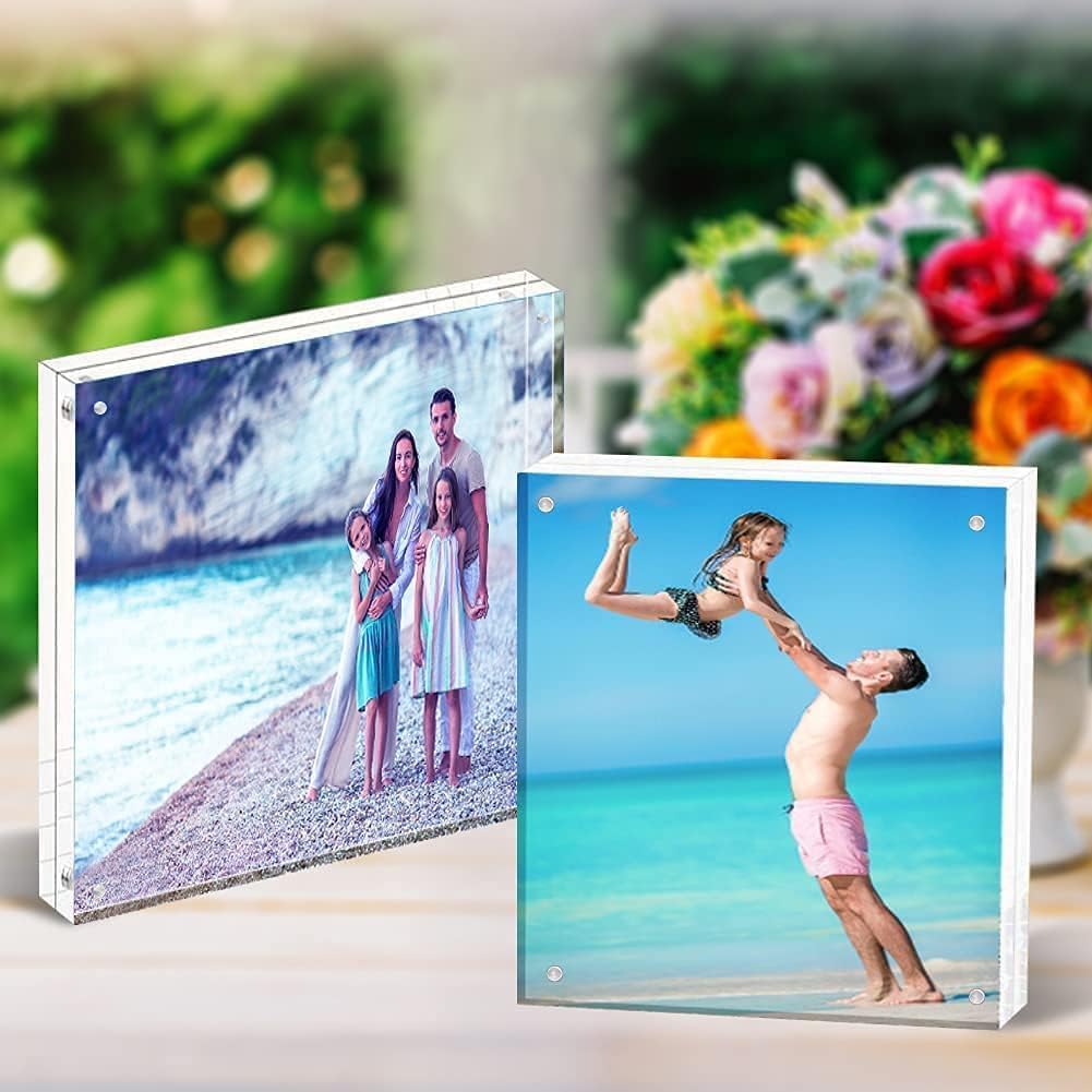 HELPLEX 5 Pack 4x4 Acrylic Picture Frames, 20mm Thicker Frameless Clear Frame Double Sided Magnetic Frame, Free