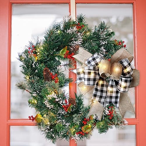 LED Christmas Buffalo Plaid Bow Rustic Burlap Black White Wreath Bow with LED Lights for Holiday Decorations (9.5 x 13 inch)