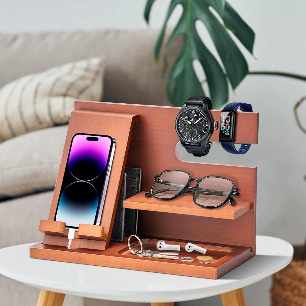Wood Phone Docking Station - Gifts for Men Desk or Nightstand Organizer - Birthday Gifts for Husband, Fathers Day for