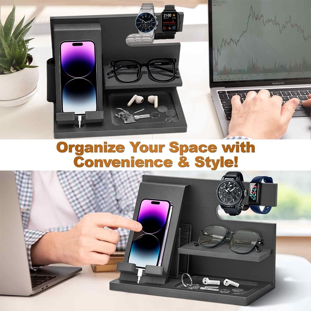 Wood Phone Docking Station - Gifts for Men Desk or Nightstand Organizer - Birthday Gifts for Husband, Fathers Day for