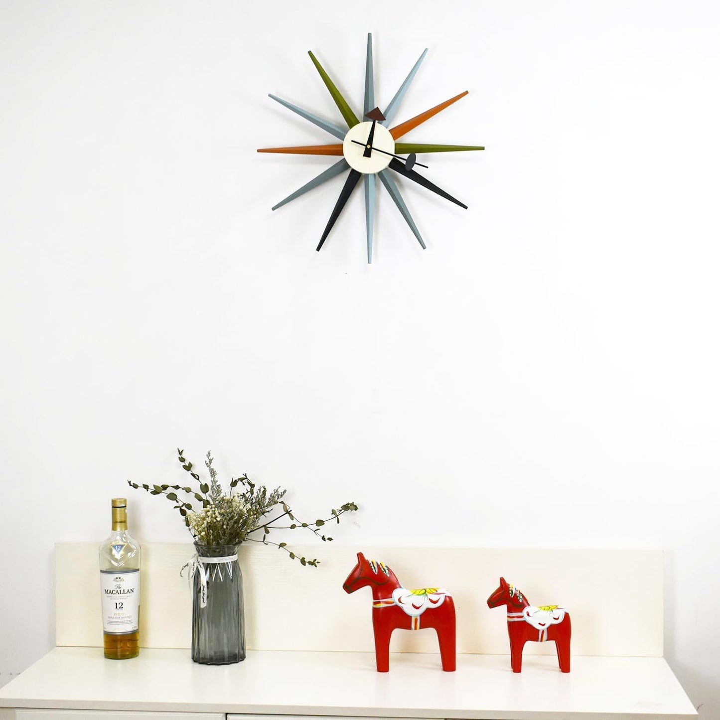 Large Sunburst Wall Clock 18 Inch, Mid Century Modern | Battery Operated, Silent Non-Ticking Quartz, Multicolor Solid
