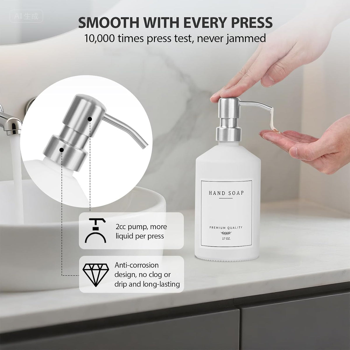 White Glass Soap Dispenser for Kitchen, Dish and Hand Soap Dispenser with Silver Stainless Steel Pump, Modern Kitchen