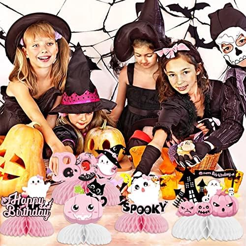 Halloween Birthday Honeycomb Centerpieces Pink Halloween Table Decorations for Birthday Party Ghost Spooky Honeycomb Pumpkin Ghost Bat Table Toppers for Girls 1st 2nd 3rd Birthday Party