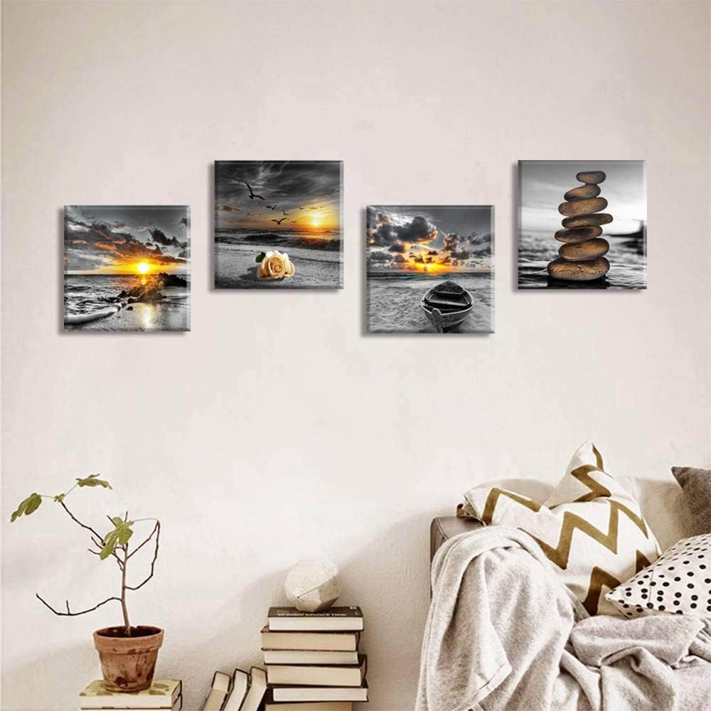 Black and White Gold Beach Wall Art Ocean Canvas / Ablack and White / 12 x 12 / Inches x / Set of 4