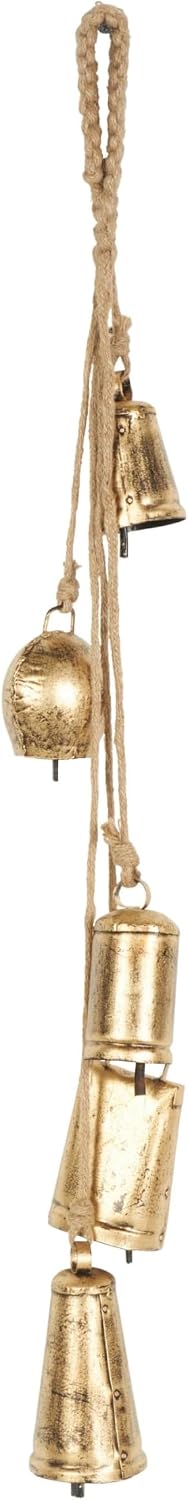 Deco 79 Golden Bell Cluster | Indoor Tibetan Inspired Cascading Meditation Bell With 5 Bells On Jute Hanging Rope