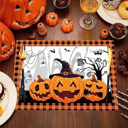 Honoson 100 Pcs Halloween Placemats Pumpkin Ghost Buffalo Plaid Paper 14x10