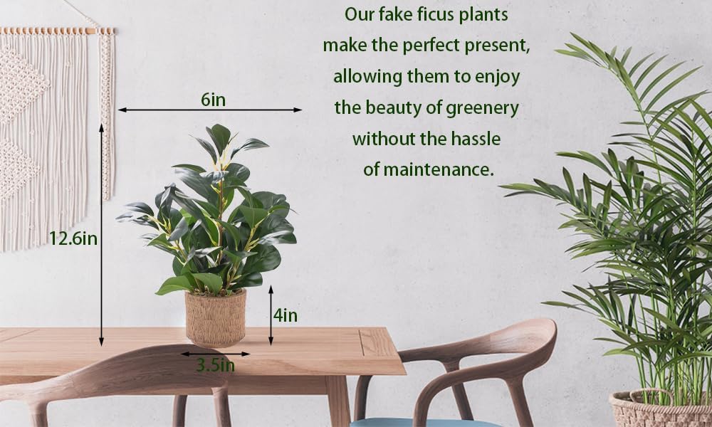 12.6" Fake Plants in Ceramic Vase Realistic Ficus Leaf Faux Plant for Desk Book / Plant B / Brown