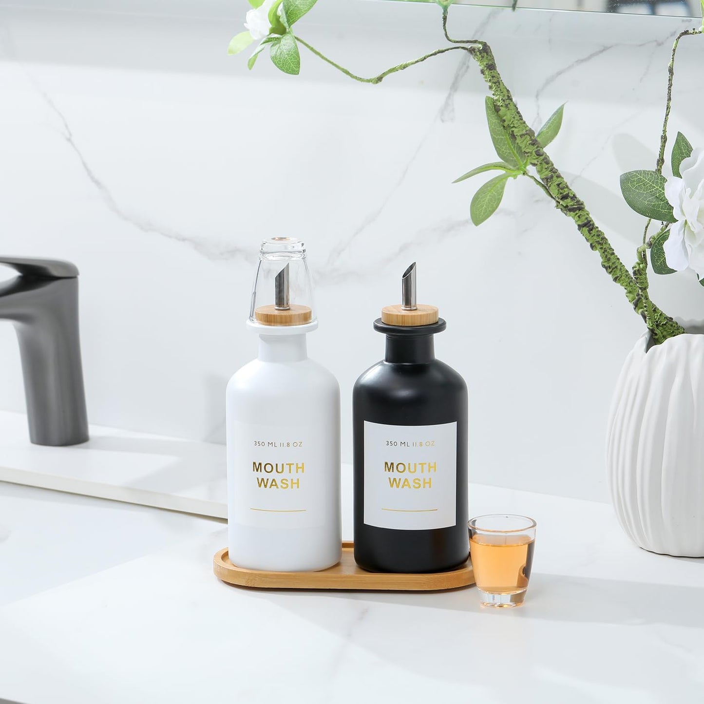11.8OZ Mouthwash Dispenser, Set of 2 (Black/White) | Bamboo & Stainless Steel Pour Spout, Mouthwash Cups Reusable