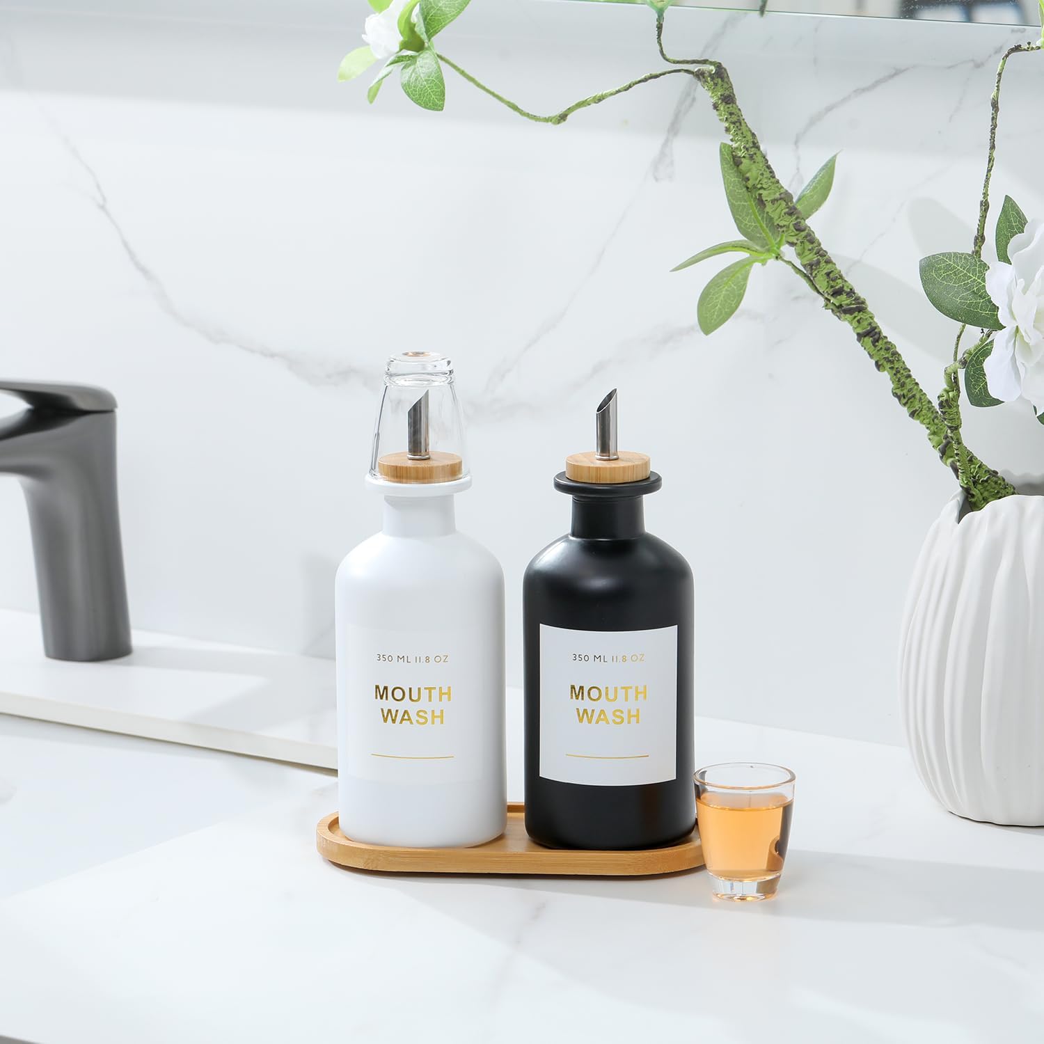 11.8OZ Mouthwash Dispenser, Set of 2 (Black/White) | Bamboo & Stainless Steel Pour Spout, Mouthwash Cups Reusable