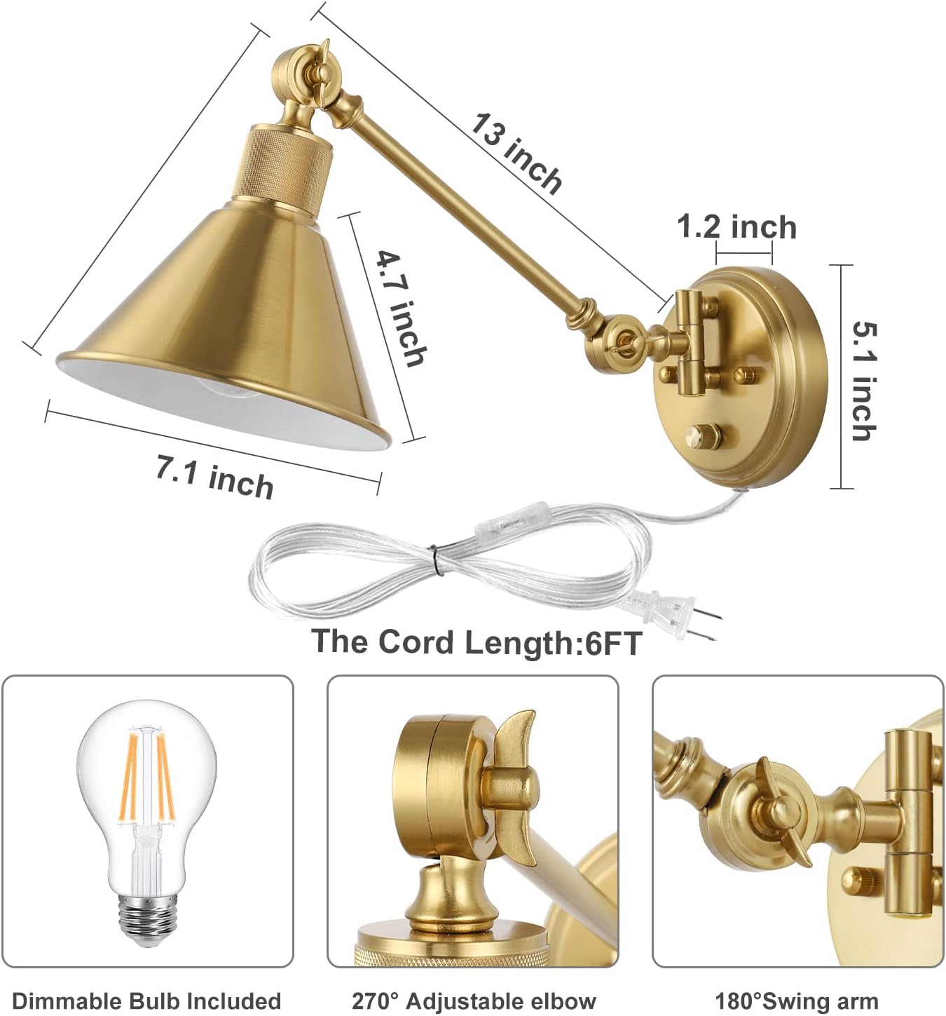 TRLIFE Wall Sconce Plug in, Dimmable Wall Sconce Brushed Brass Swing Arm Wall Lights with Plug in Cord and Dimmer