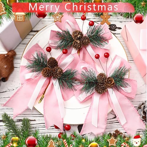 Syhood 6 Pcs Christmas Bows Xmas Velvet Bows Tree Decor, Pink