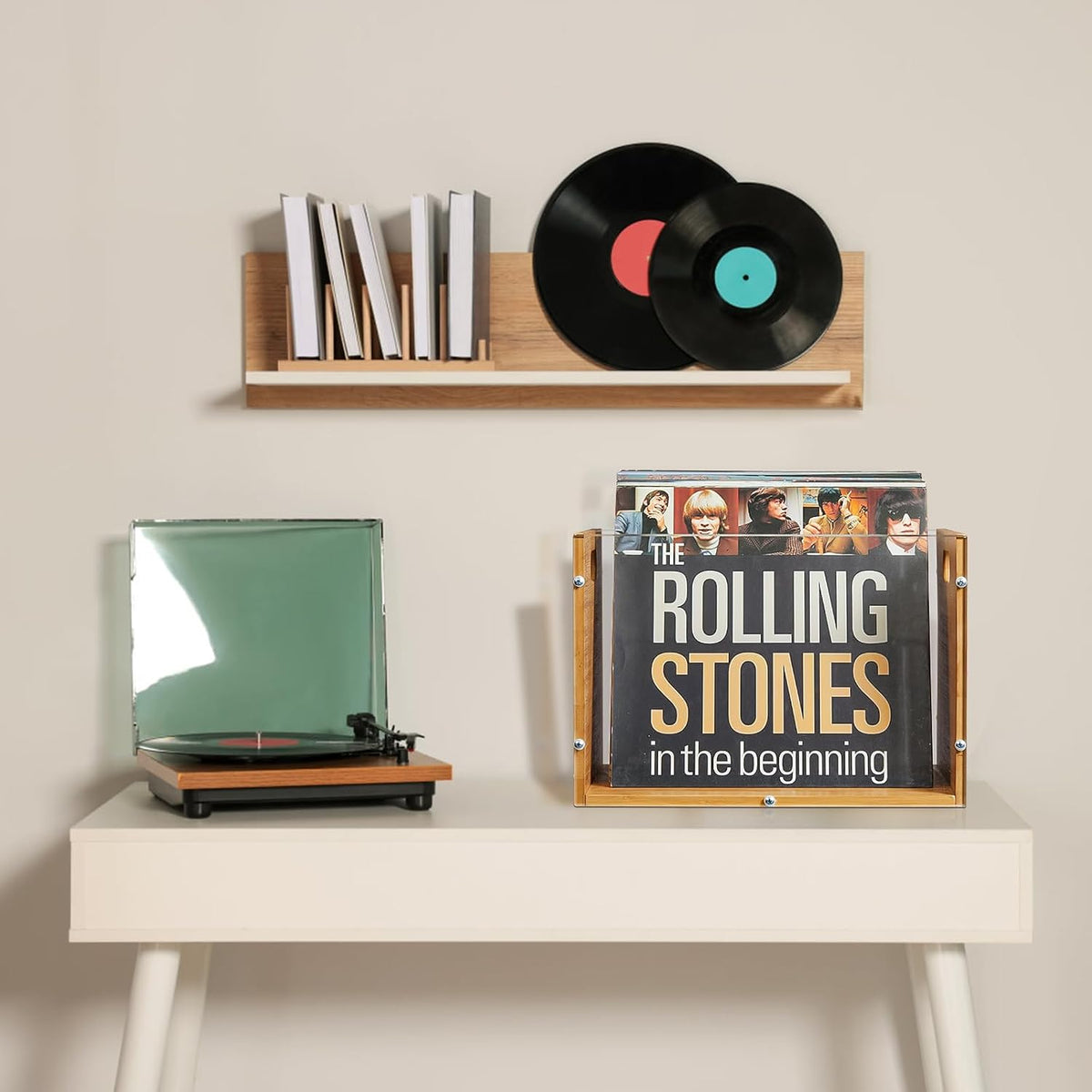 X-cosrack 2-Pack Vinyl Record Storage Box, Bamboo & Acrylic Crate | Visible Vinyl Record Holder with Handle, Cube CD