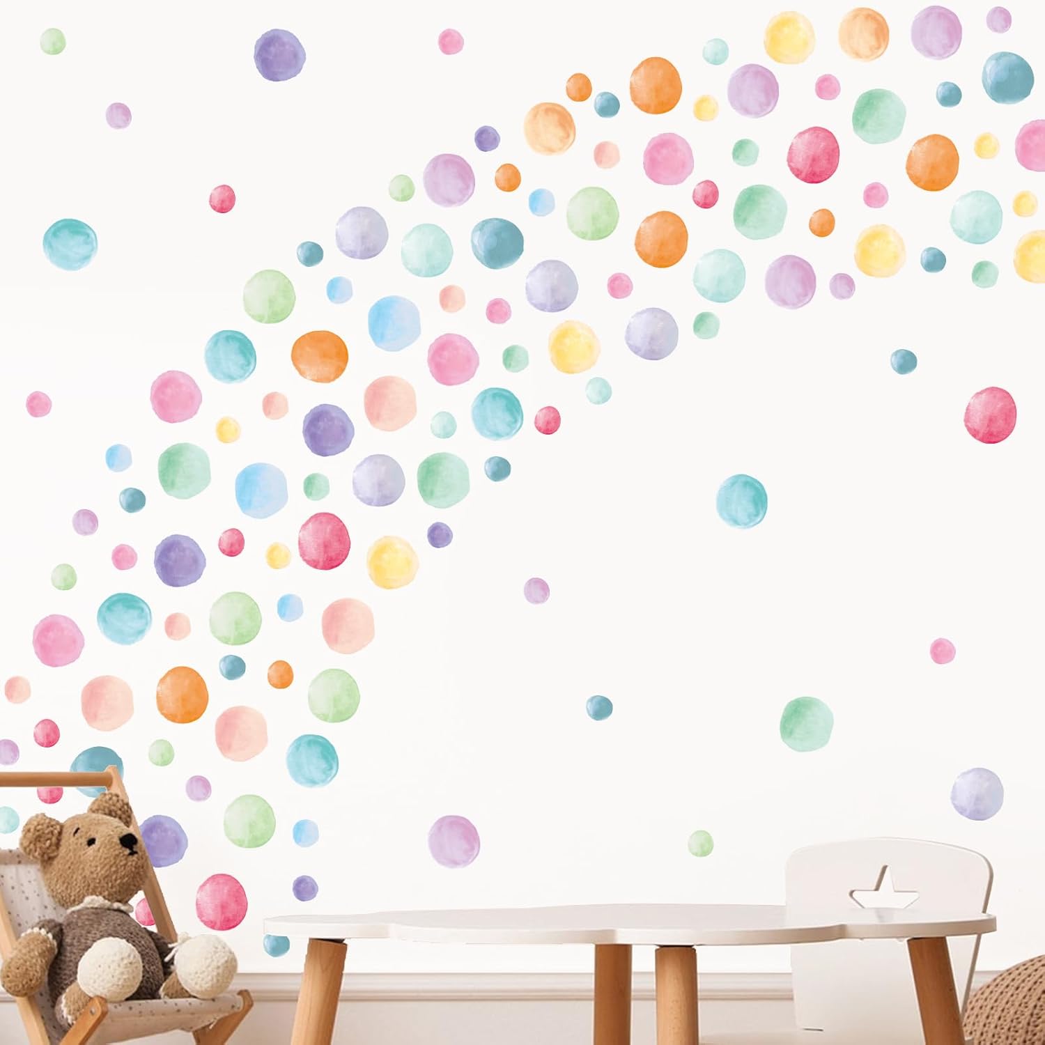 Peel and Stick Boho Rainbow Wall Stickers / Watercolor Polka Dots / Set of 201