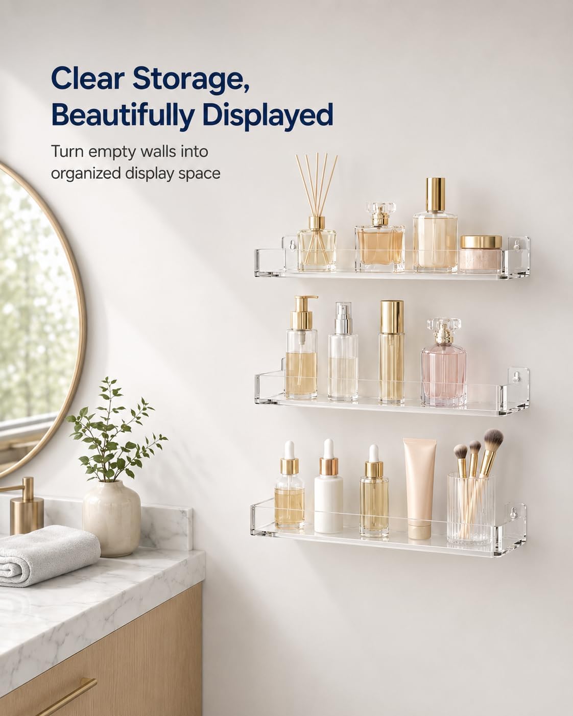 MaxGear Acrylic Floating Shelves, Clear Perfume Shelf for Wall, Set of 3 | Wall Mounted Hanging Bookshelves, Display