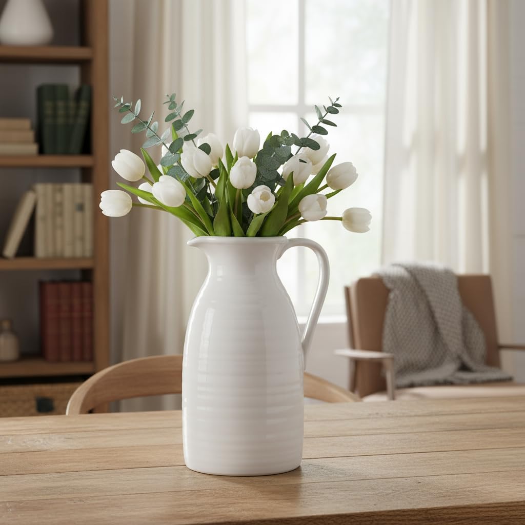 Farmhouse Pitcher Vase for Flowers- Ceramic Pitcher White Flower Vase / White - Pitcher Vase