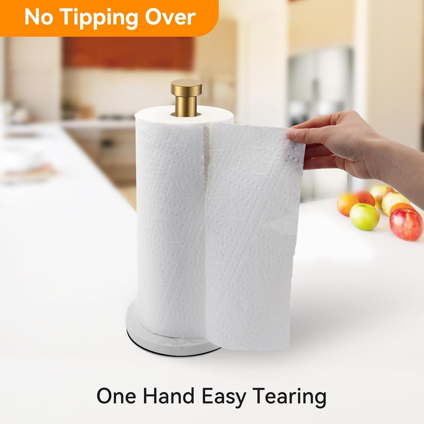 Gold Paper Towel Holder, with Anti Slip Weighted Marble Base | Stainless Steel, One Handed Operation, Countertop Towel