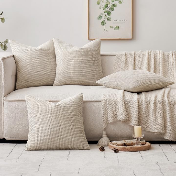 Couch Throw Pillow Covers Soft Decorative Chenille Pillow Covers / 18 x 18 / Cream / Set of 4
