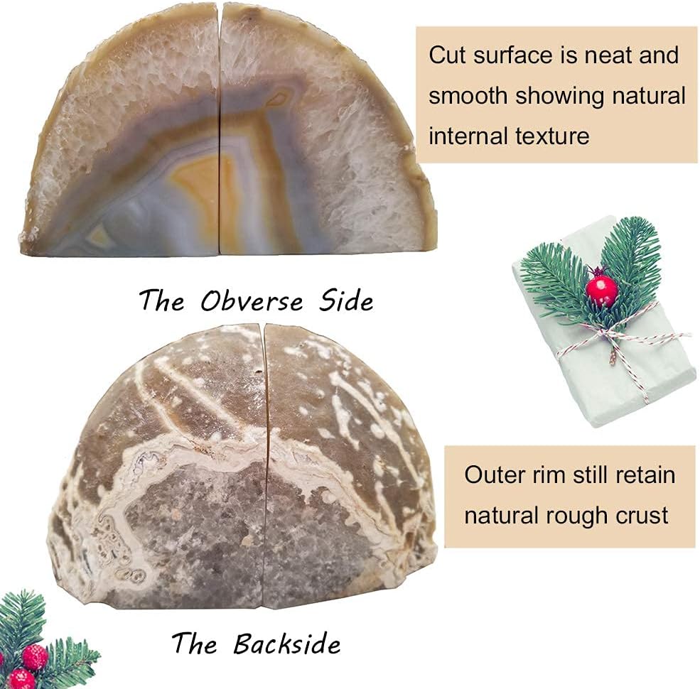 Geode Bookends Agate Shelve Decor Crystal Book Ends for Heavy Books / Nature / 3-4LBS / Brown