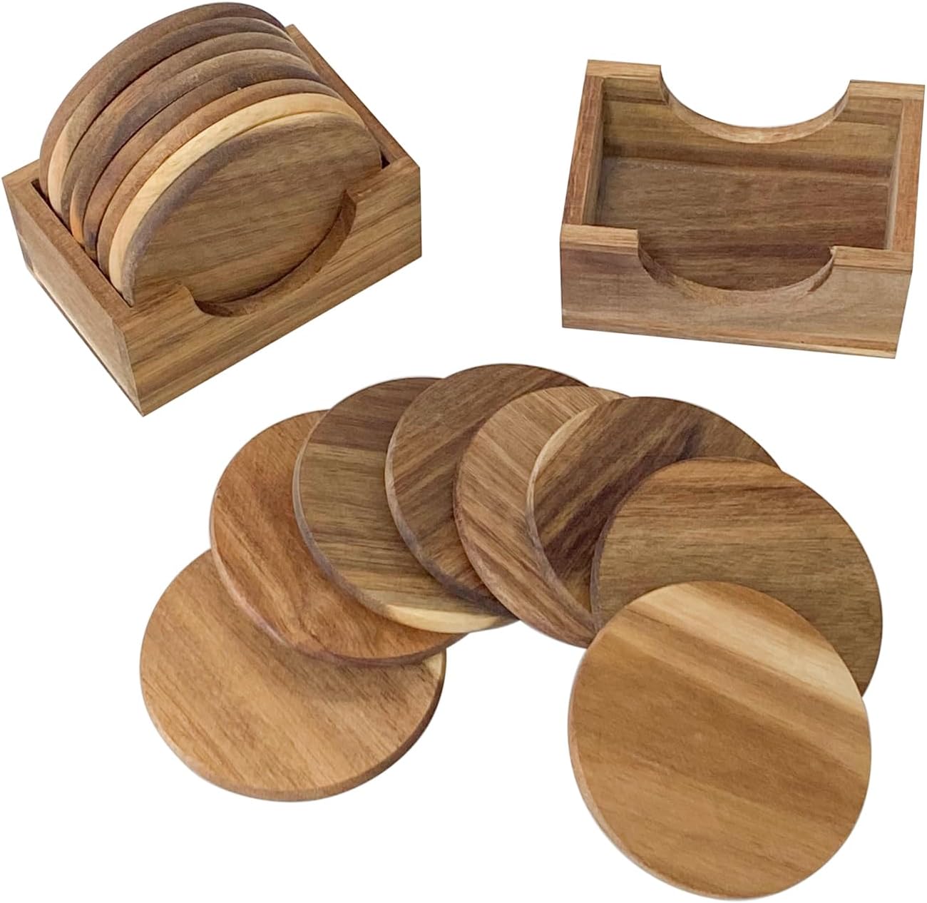 Holder / Acacia Wood Drink Coasters / 3.72 Inch / Set of 8