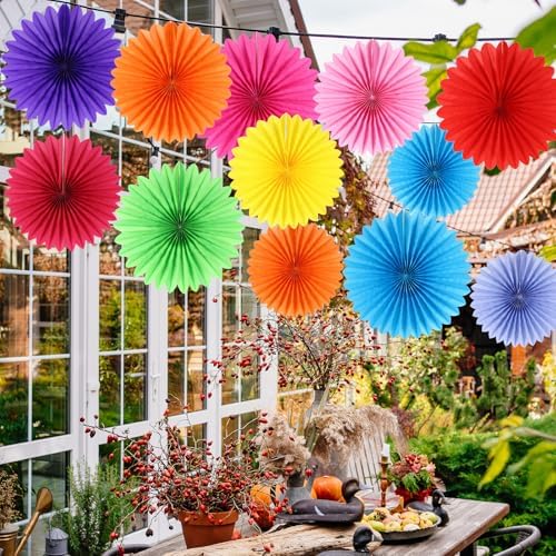 BestoFun 12PCS Paper Fans Mexican Party Decorations Tissue Paper Flowers Decorations Paper Fans Party Decorations for Girl Groovy Birthday Baby Shower Wedding Bachelorette Room Wall Hanging Décor
