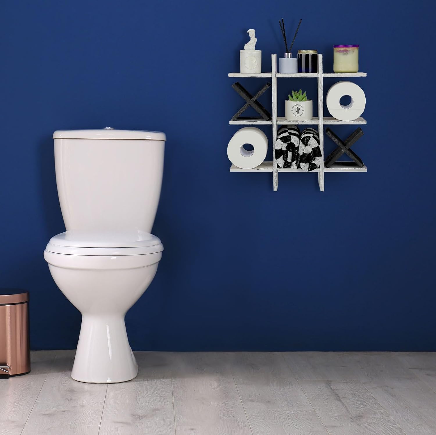 Weysat Tic Tac Toe Toilet Paper Holder,Retro White, Black | Farmhouse Bathroom Decor, Freestanding or Wall Mount