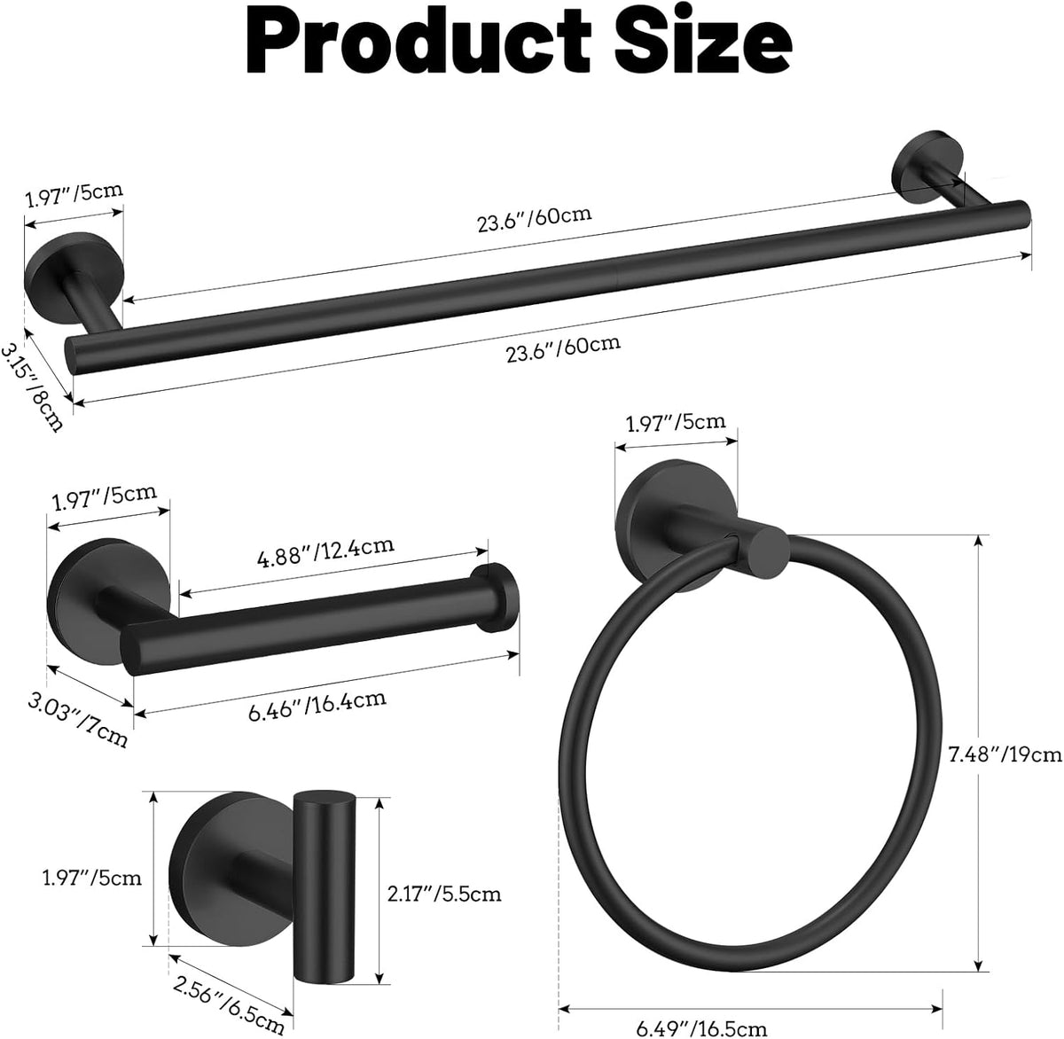5 Pieces Matte Black Bathroom Hardware Accessories Set SUS304 Stainless Steel Black Towel Bar Holder Set, 23.6Inch