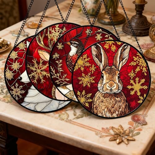 DASTOLL Stained Glass Window Hanging 4 Pcs Set Red Golden Snowflakes Large 15" - Christmas Elk Rabbit Suncatcher Door Garden Sun Catcher Decor Birthday for Mom Woman Nana Men