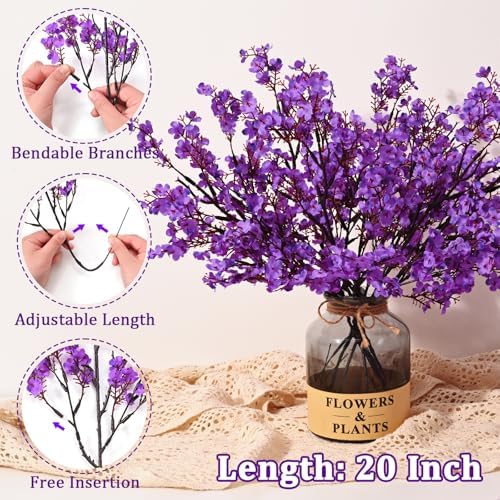 15 Pcs Fake Flowers, Real Touch Babys Breath Artificial Flowers, Purple