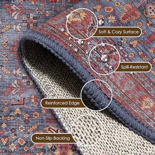 Washable Area Rug 5' x 7' Vintage Traditional Persian Mat - Foldable Distressed Non-Slip Machine Washable Carpet for